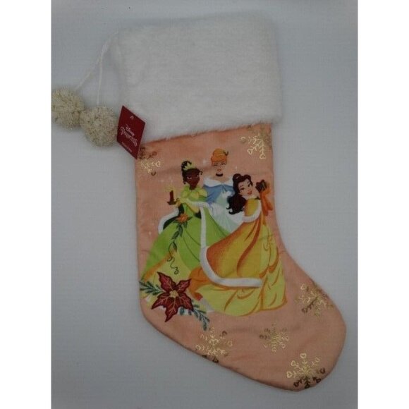Disney Princess Christms Stocking Tiana Cinderella Belle Peach & White 20" - Picture 1 of 7